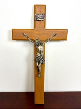 Wooden Crucifix Wall Cross with Silver-Tone Corpus